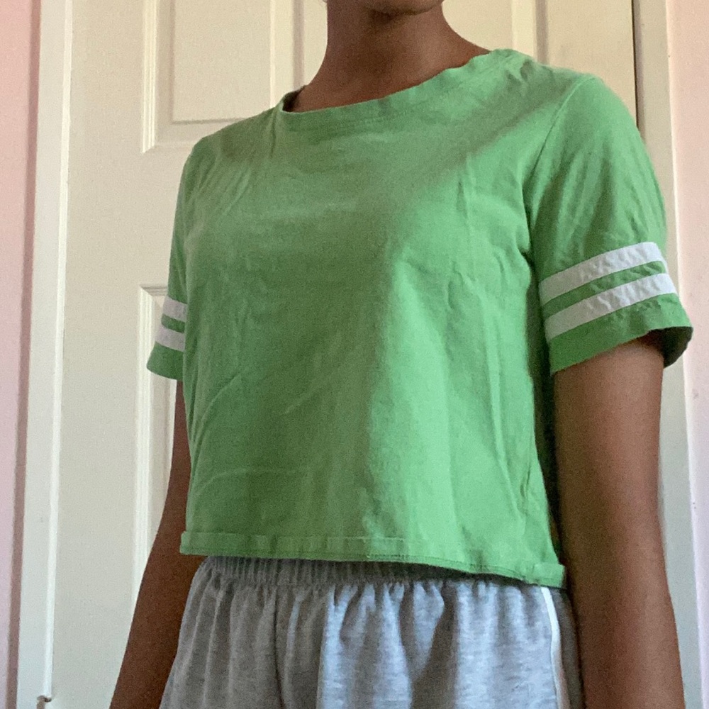 Lime green white baseball striped cropped shirt